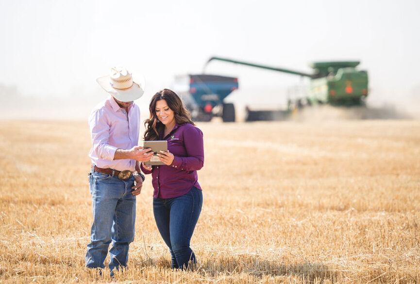 AgriFinancial representative meets Kansas grain farmer in field to discuss leasing equipment with harvest in background