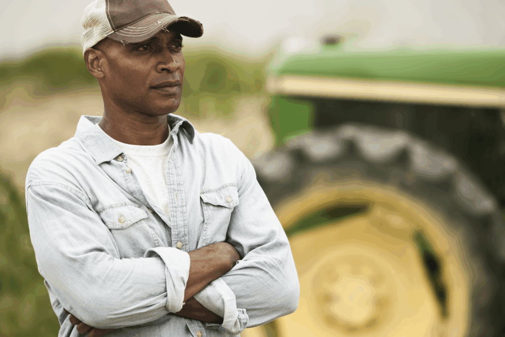 African American Farmer standing next to tractor and supplies financed through an AgFi Line of Credit
